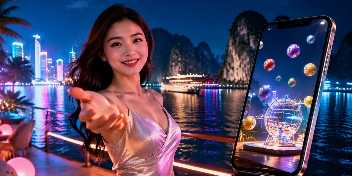 Cảnh vịnh Hạ Long về đêm với ánh đèn neon phản chiếu mặt nước, không khí lễ hội sôi động